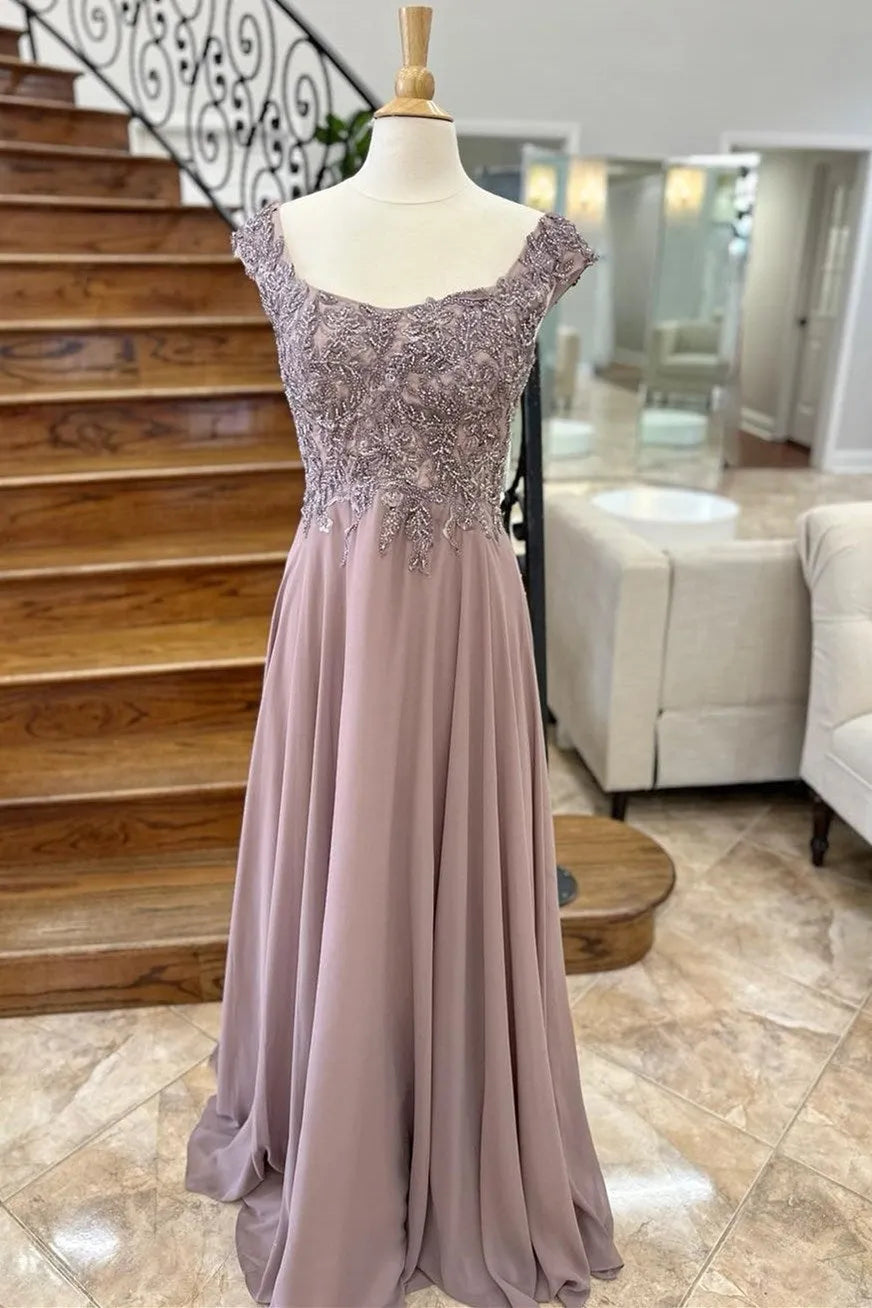 Mauve Appliques Cap Sleeve A-Line Mother of the Bride Dresses
