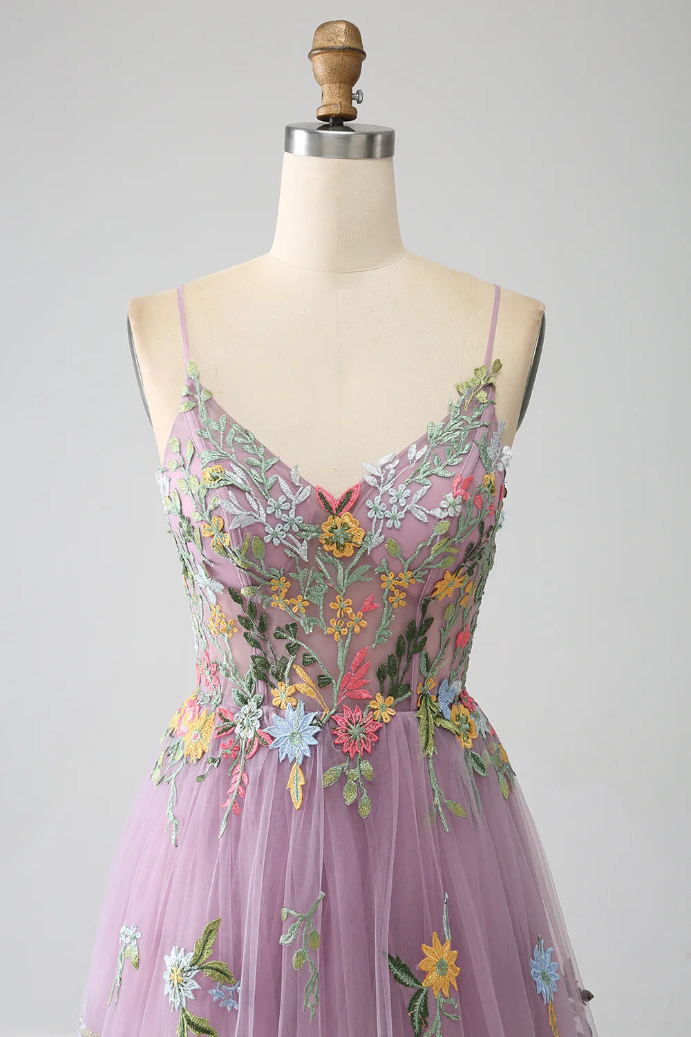 DingJiDress Mauve A-Line Spaghetti Straps Tulle Long Prom Dress With Embroidery