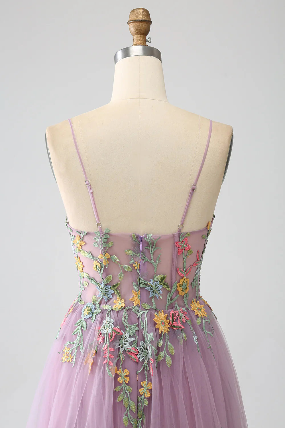 DingJiDress Mauve A-Line Spaghetti Straps Tulle Long Prom Dress With Embroidery
