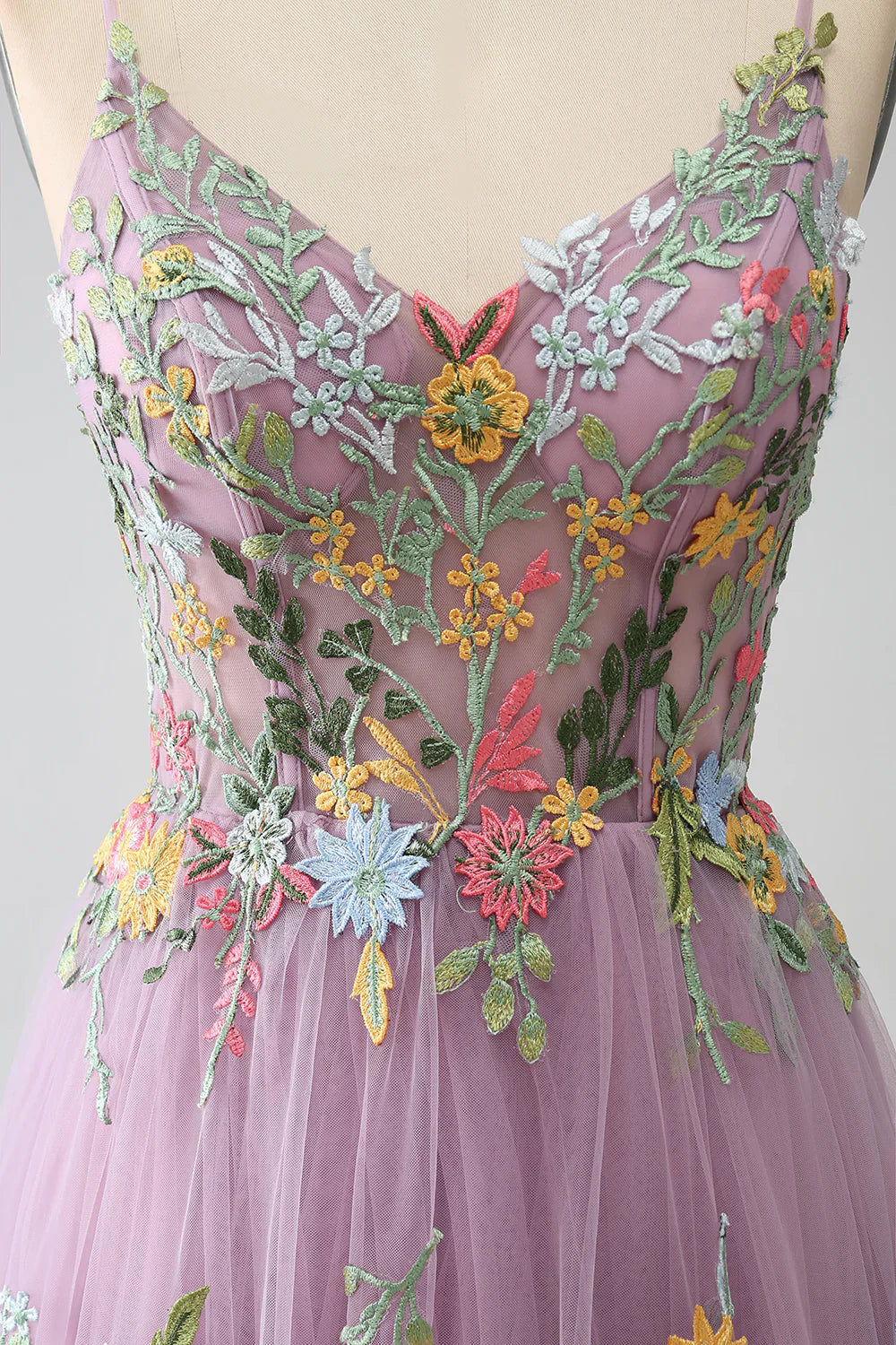 DingJiDress Mauve A-Line Spaghetti Straps Tulle Long Prom Dress With Embroidery