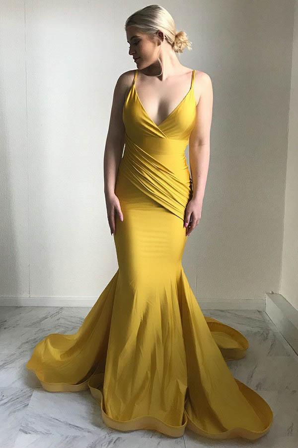DingJiDress Mermaid Prom Dresses Spaghetti Straps Satin Train