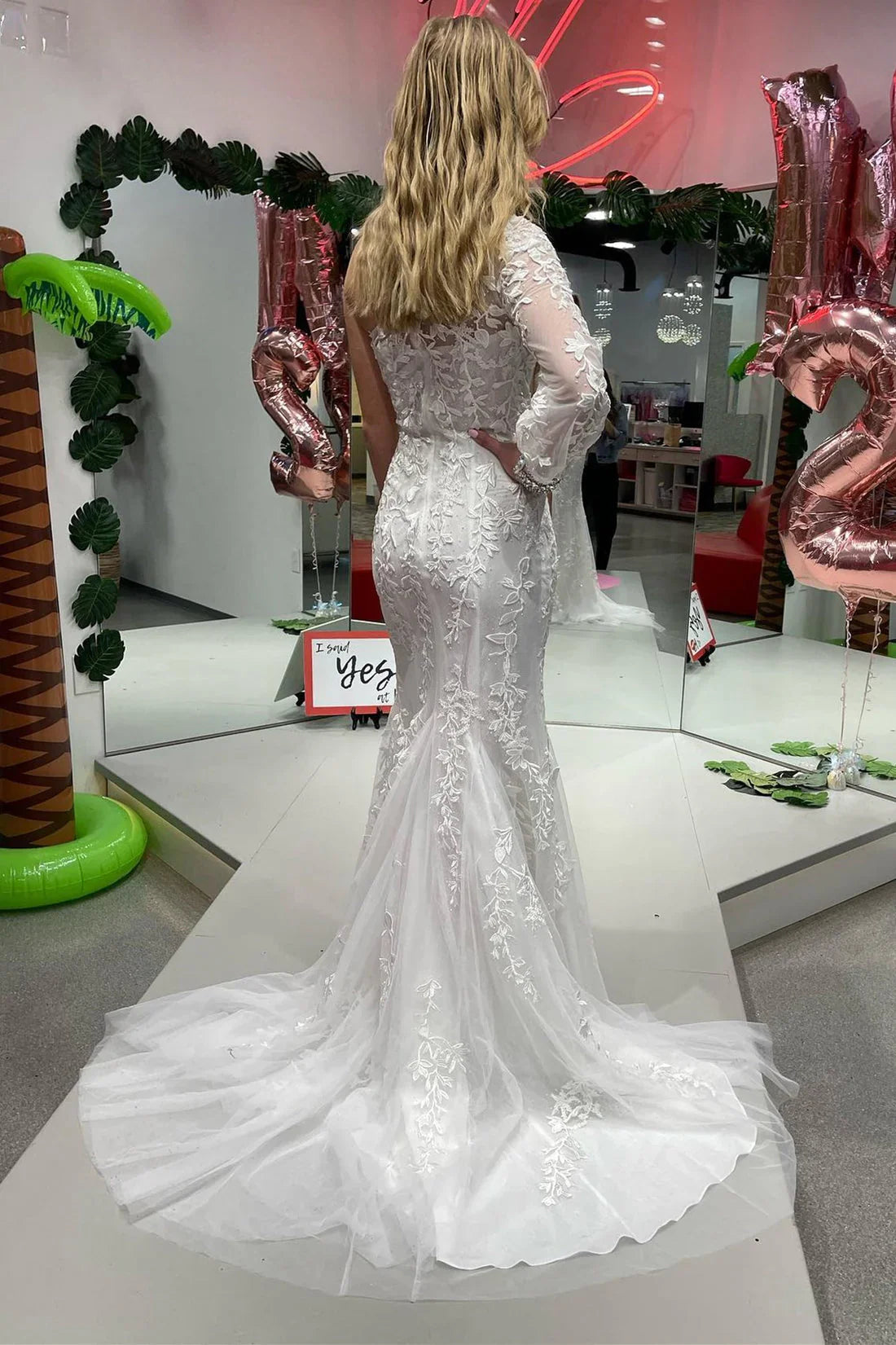 DingJiDress Prom Dresses Mermaid Tulle One Shoulder Long Sleeves Slit With Applique