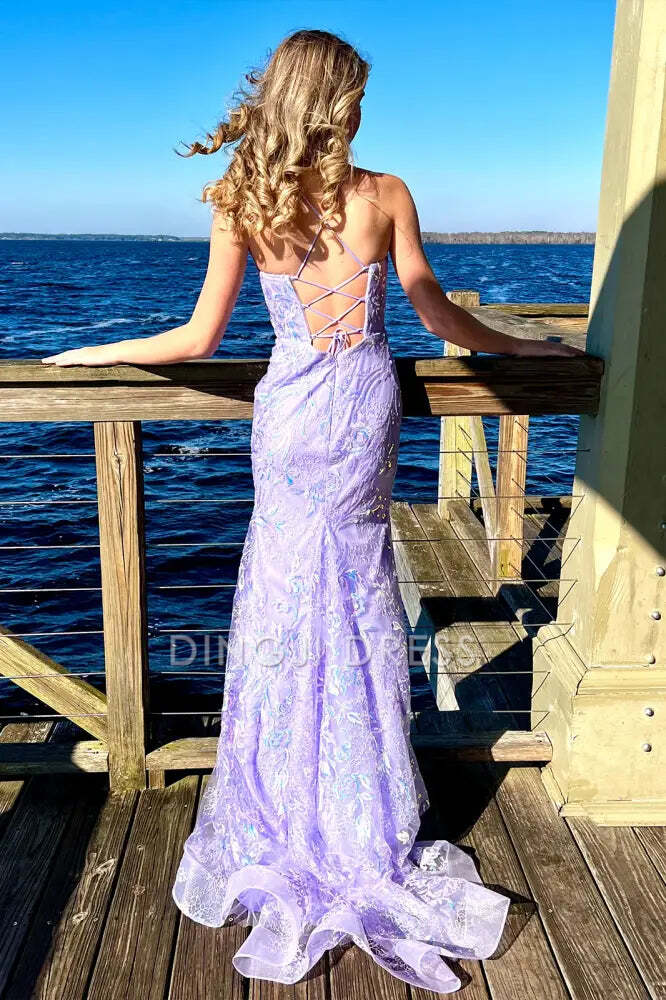 DingJiDress Formal Dress Mermaid Spaghetti Strap Sleeveless Backless Lace Up Sparkly Appliques Party Prom Dress