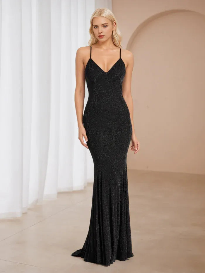 Glamorous Sparkle Black Mermaid Prom Dress Spaghetti Straps V - Neck