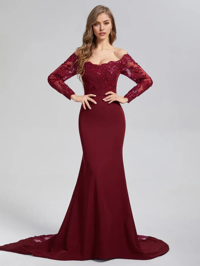 Mermaid Button Long Sleeve Prom Dresses with Trailing