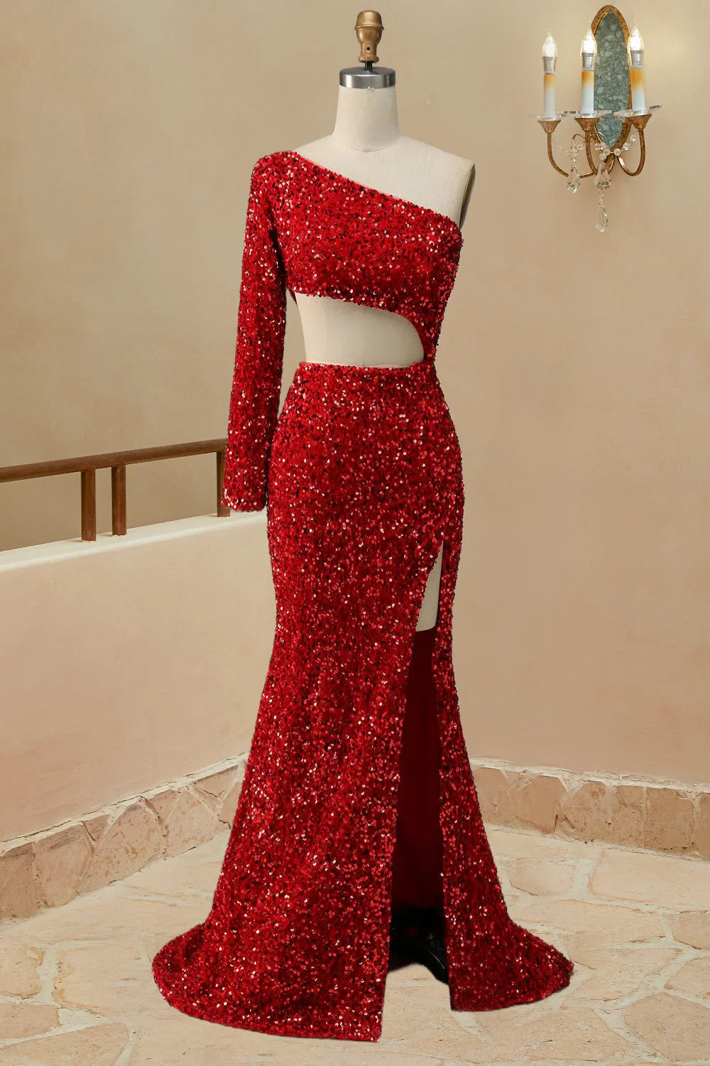 DingJiDress Prom Dress  Mermaid Cut Out Red One Shoulder Sequin With Front Split