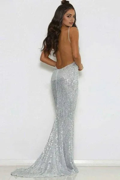 Mermaid Deep V-neck Spaghetti Strap Floor Length Backless Evening Dress