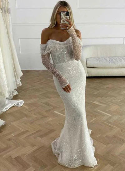 Mermaid Fitted Wedding Dresses Sequined Long Sleeves