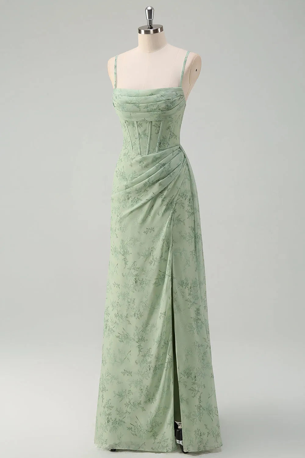 Mermaid Floral Corset Ruched Long Party Dress with Slit