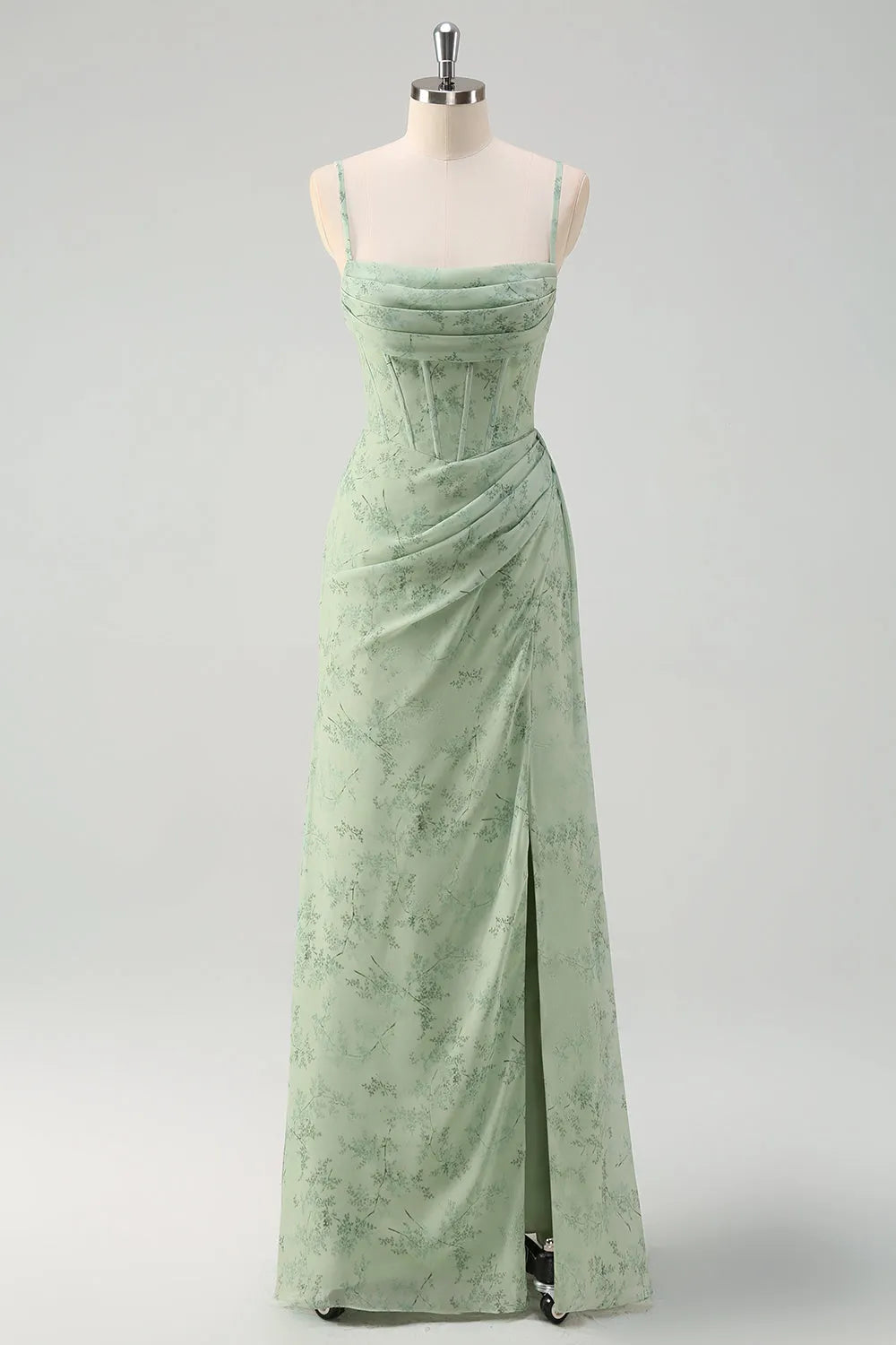 Mermaid Floral Corset Ruched Long Party Dress with Slit
