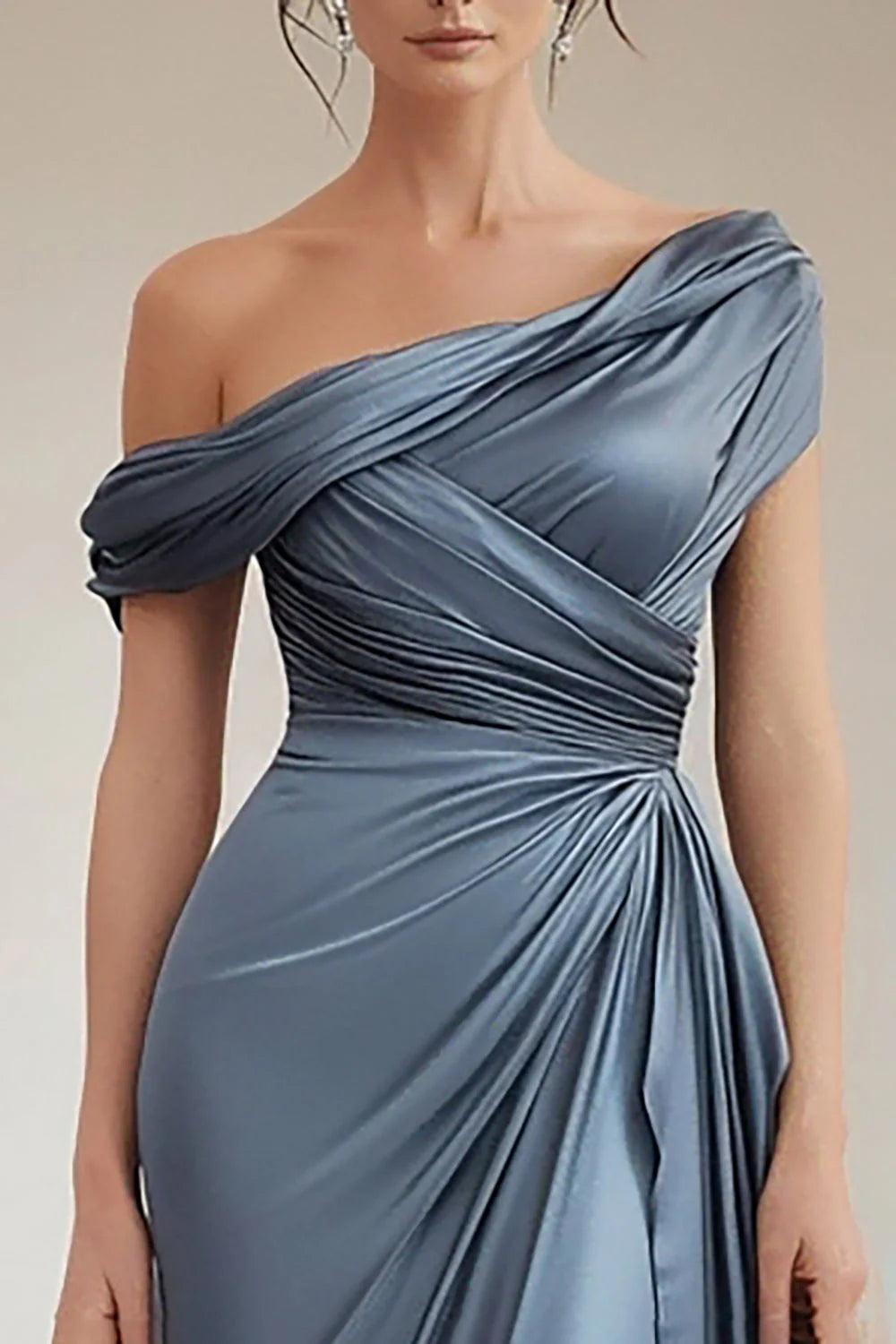 Mermaid Grey Blue One Shoulder Satin Ruched Formal Dress with Ruffles