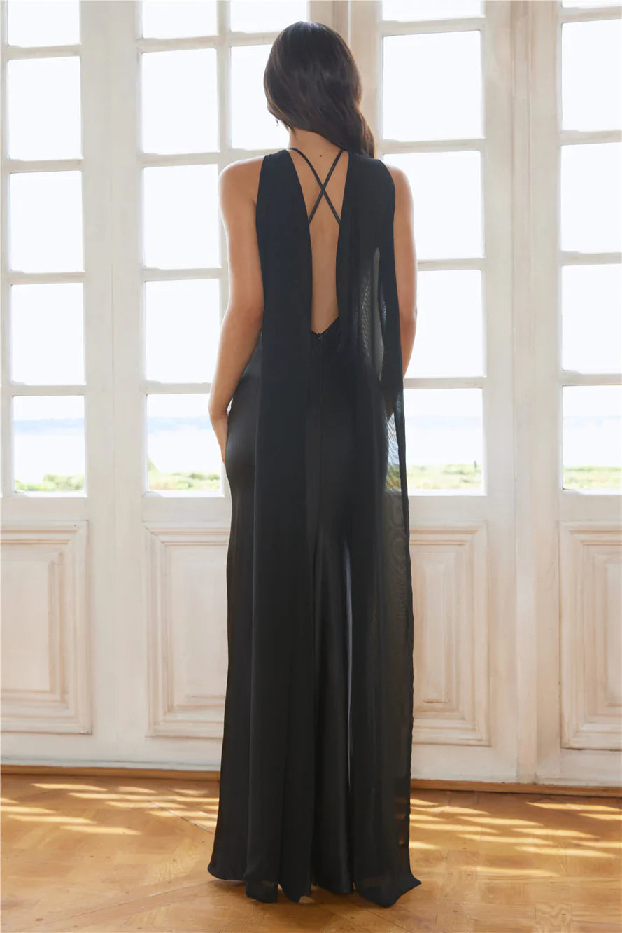 Mermaid Half High Neck Open Back Slit Satin Black Maxi Prom Dress With Streamer