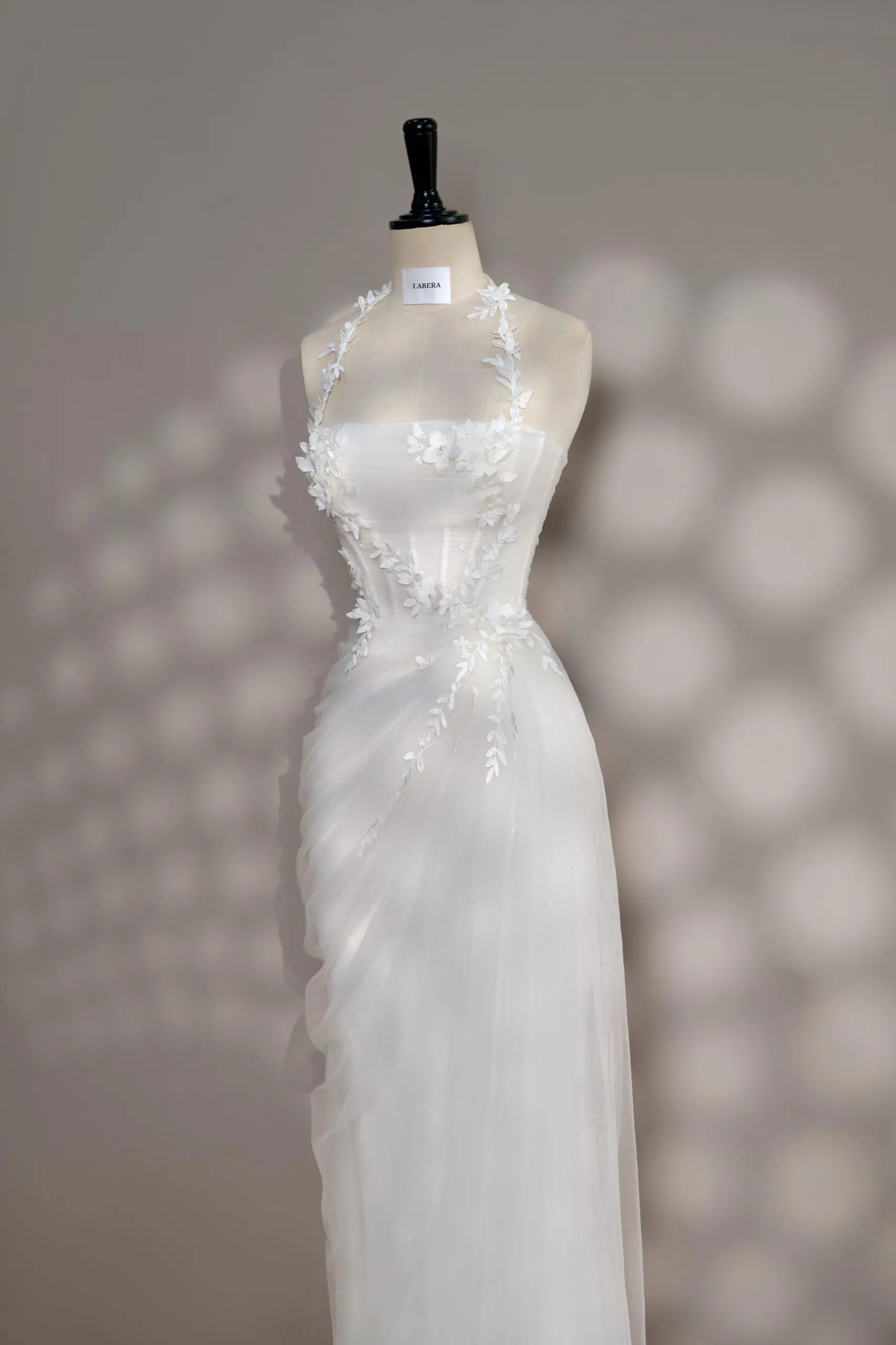 Mermaid Halter Corset Floral Applique Ruched White Floor-Length Prom Dress