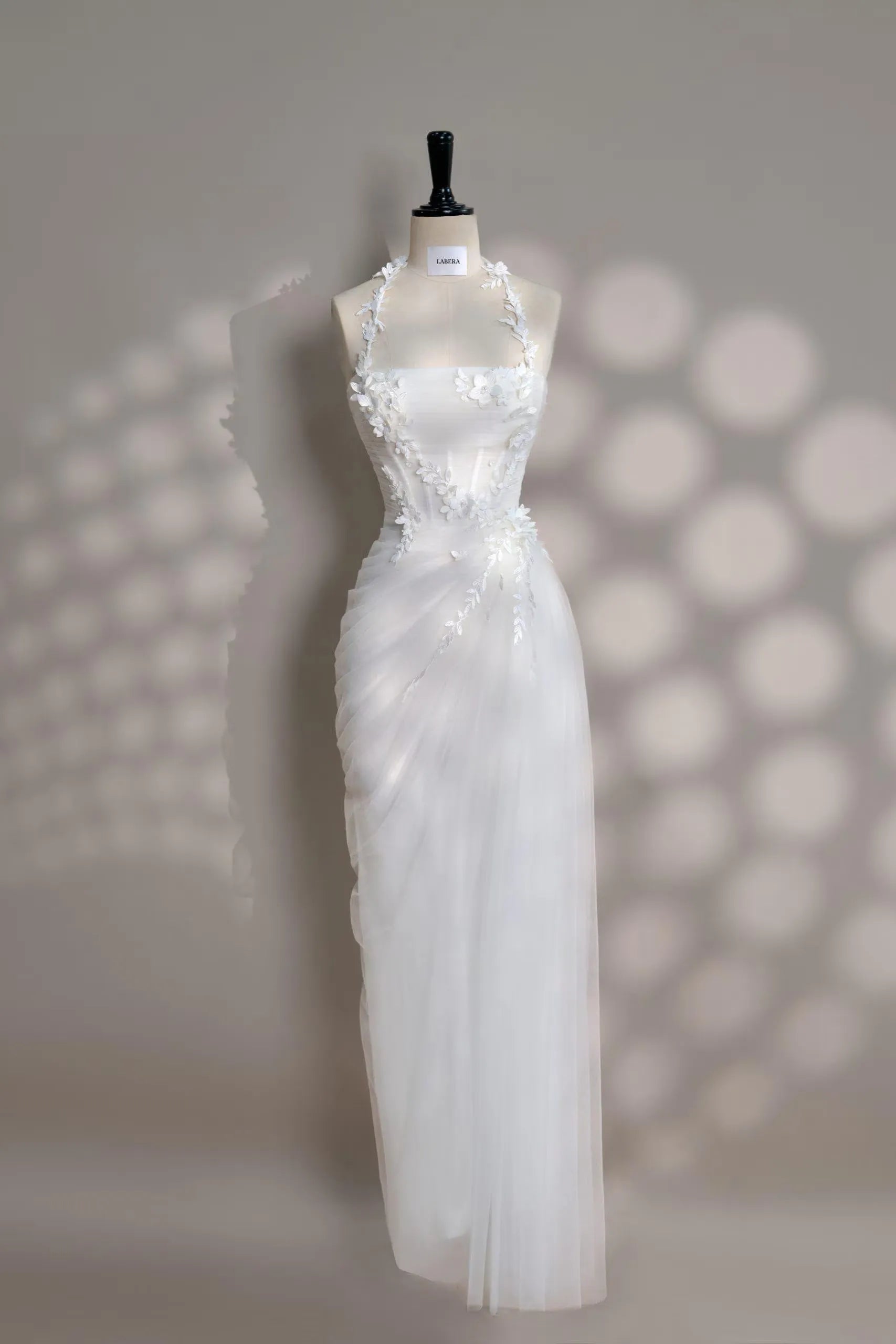 Mermaid Halter Corset Floral Applique Ruched White Floor-Length Prom Dress