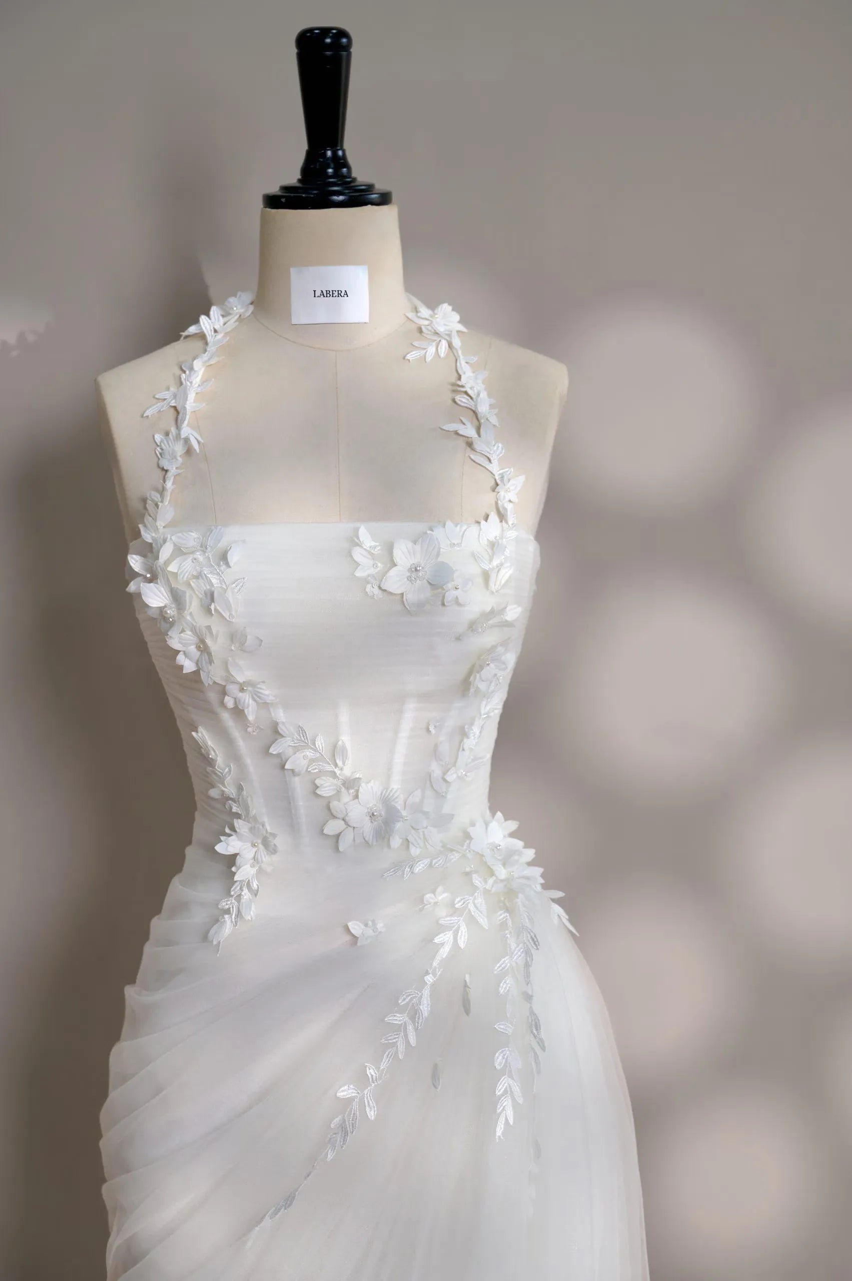 Mermaid Halter Corset Floral Applique Ruched White Floor-Length Prom Dress