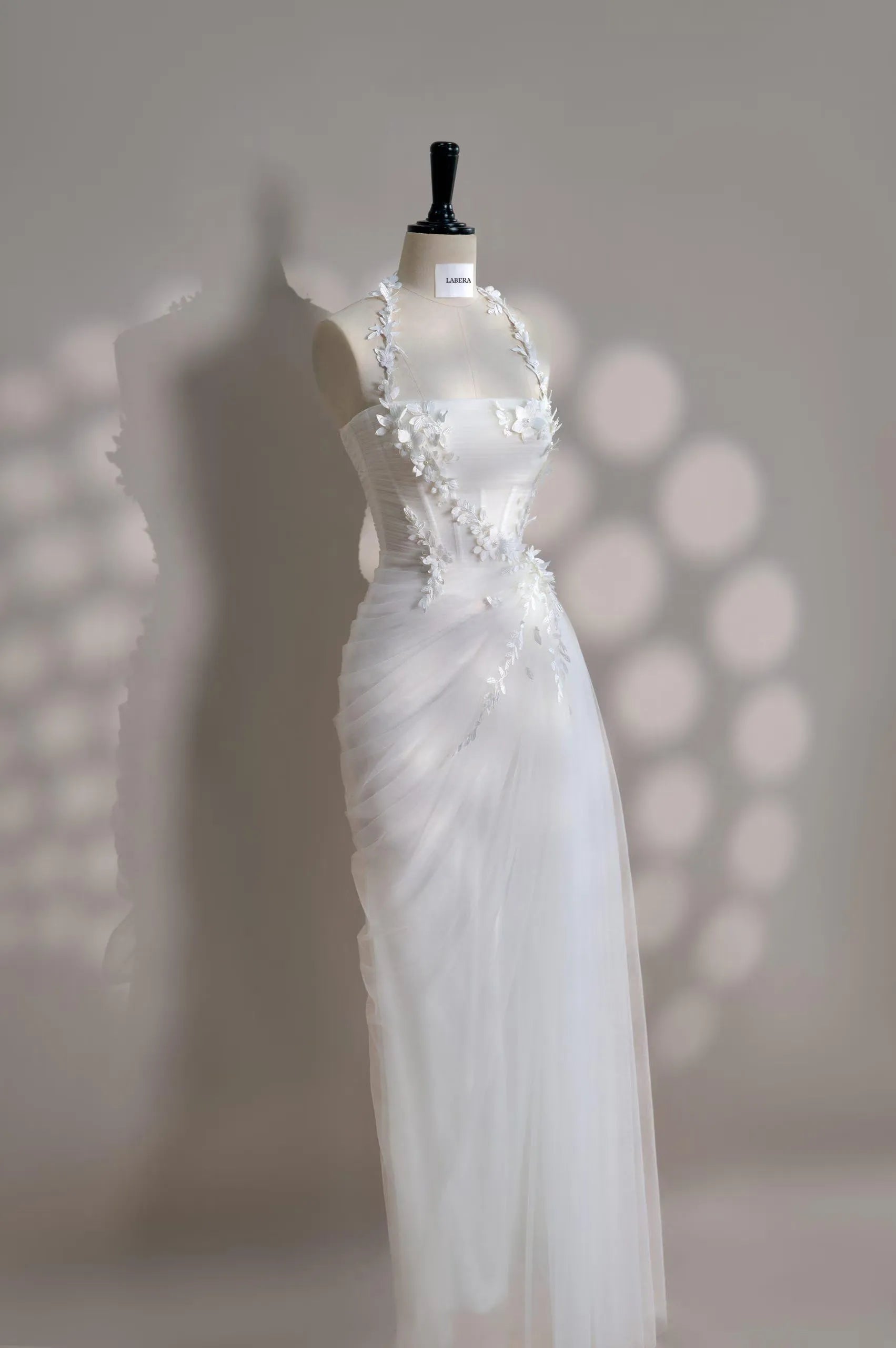 Mermaid Halter Corset Floral Applique Ruched White Floor-Length Prom Dress