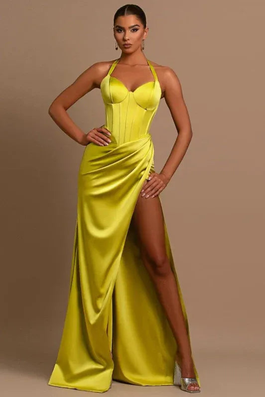 Mermaid Halter Corset Ruched Satin Lime Green Prom Dress With Slit