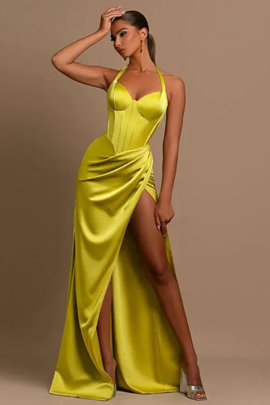 Mermaid Halter Corset Ruched Satin Lime Green Prom Dress With Slit