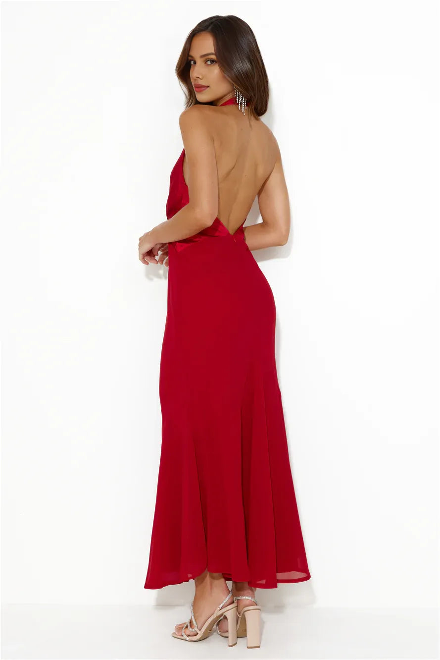Mermaid Halter Open Back Satin Red Maxi Prom Dress With Flared Hem Custom
