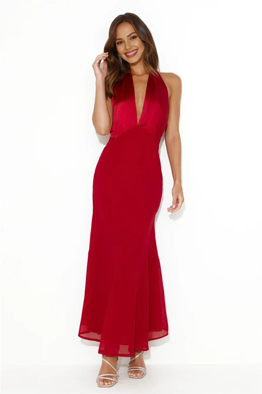 Mermaid Halter Open Back Satin Red Maxi Prom Dress With Flared Hem Custom