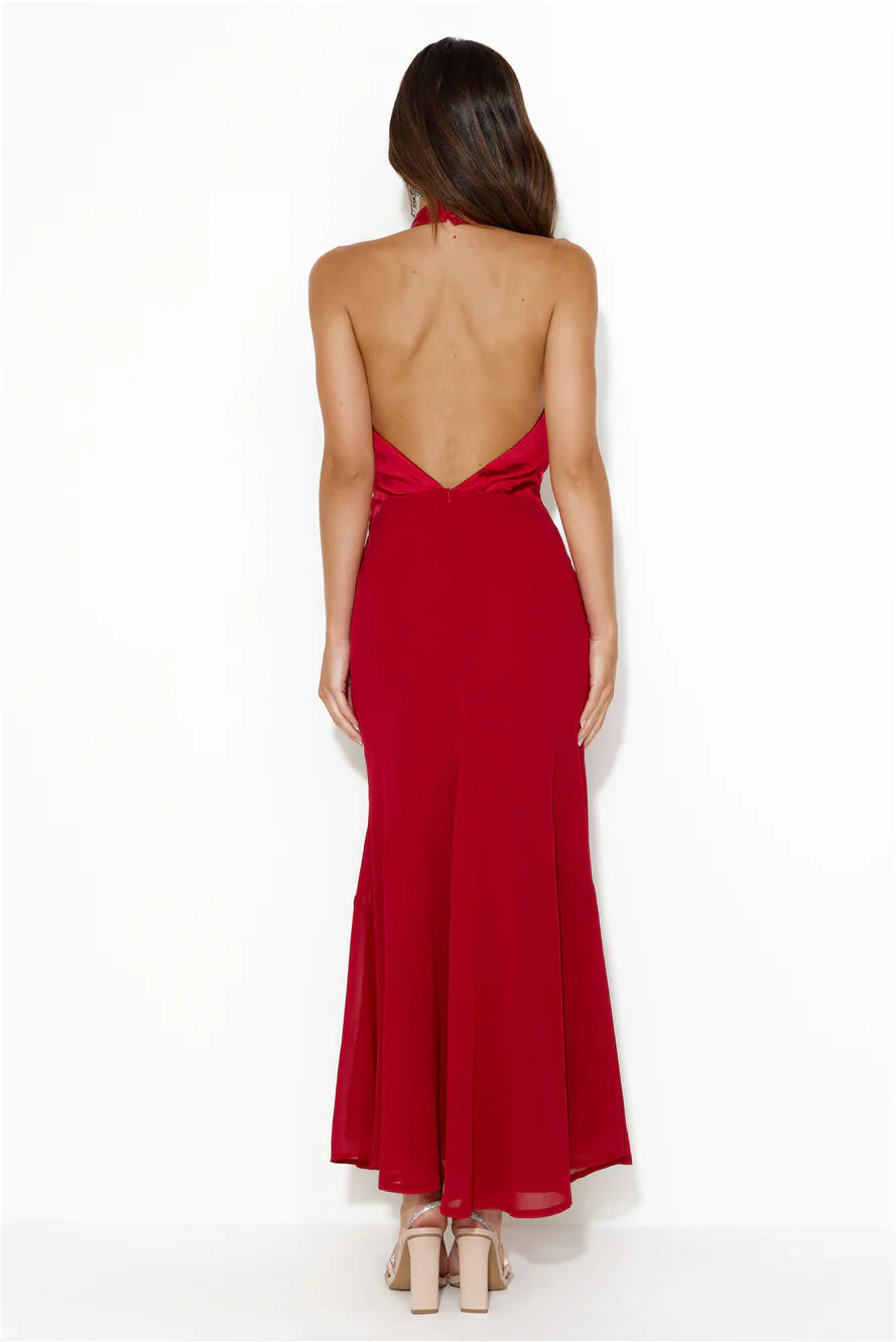 Mermaid Halter Open Back Satin Red Maxi Prom Dress With Flared Hem Custom