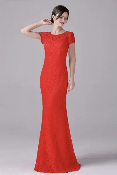 Mermaid Jewel Lace Floor Length Short sleeves Vintage mother's dress