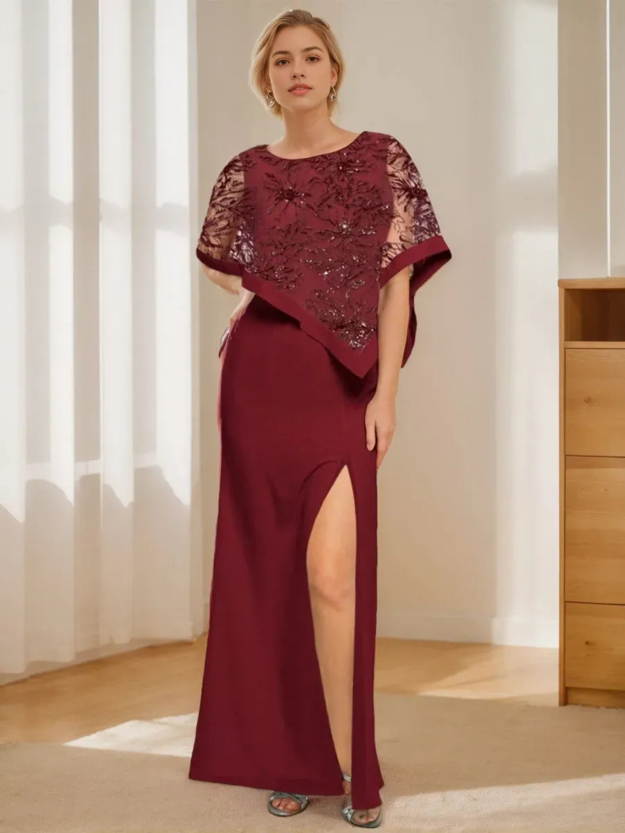 Mermaid Jewel Neck Floor-Length Mother of the Bride Dresses with Appliques Split Side