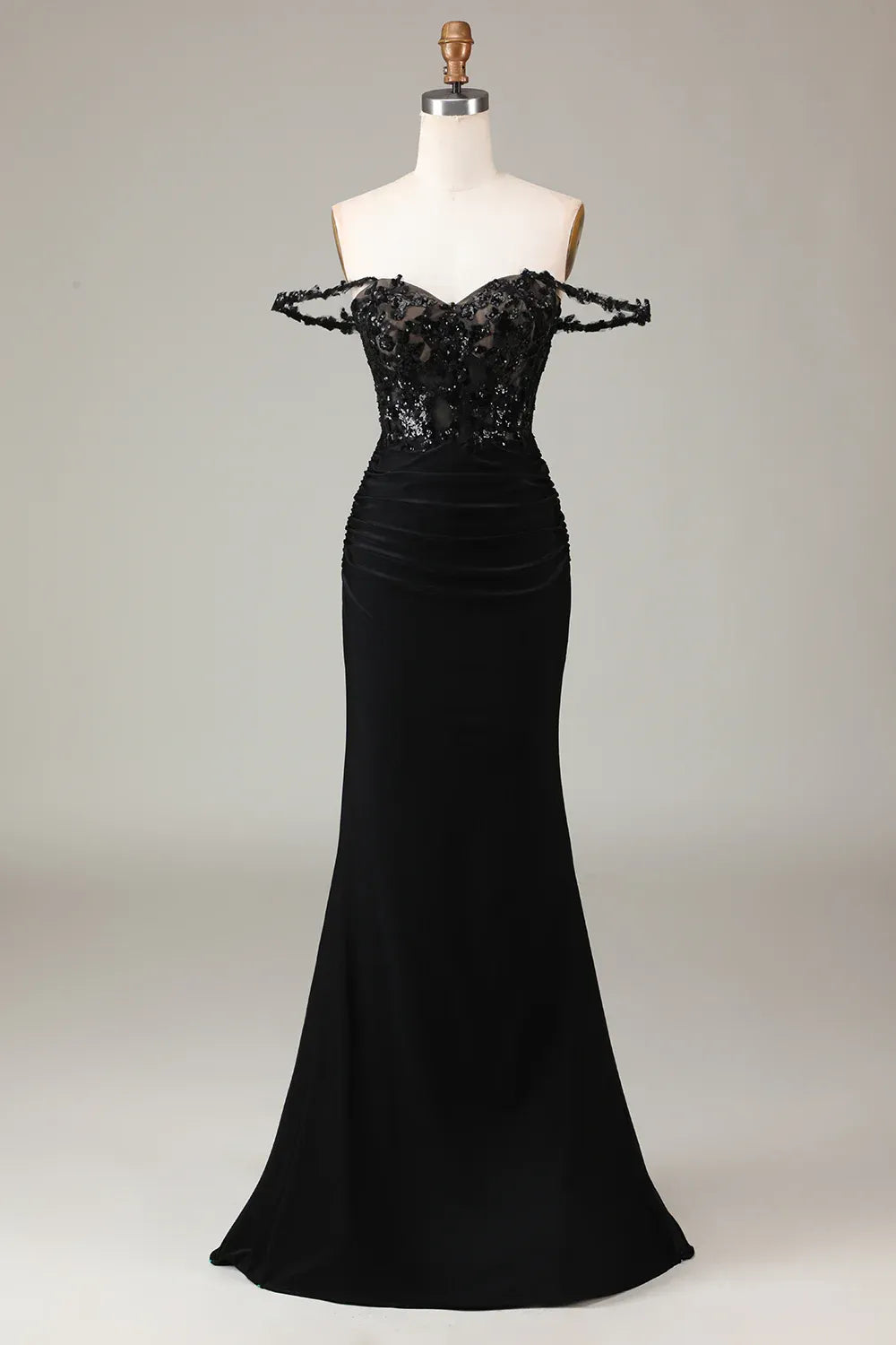 Mermaid Off-Shoulder Corset Pleated Sequins Applique Black Maxi Prom Dress