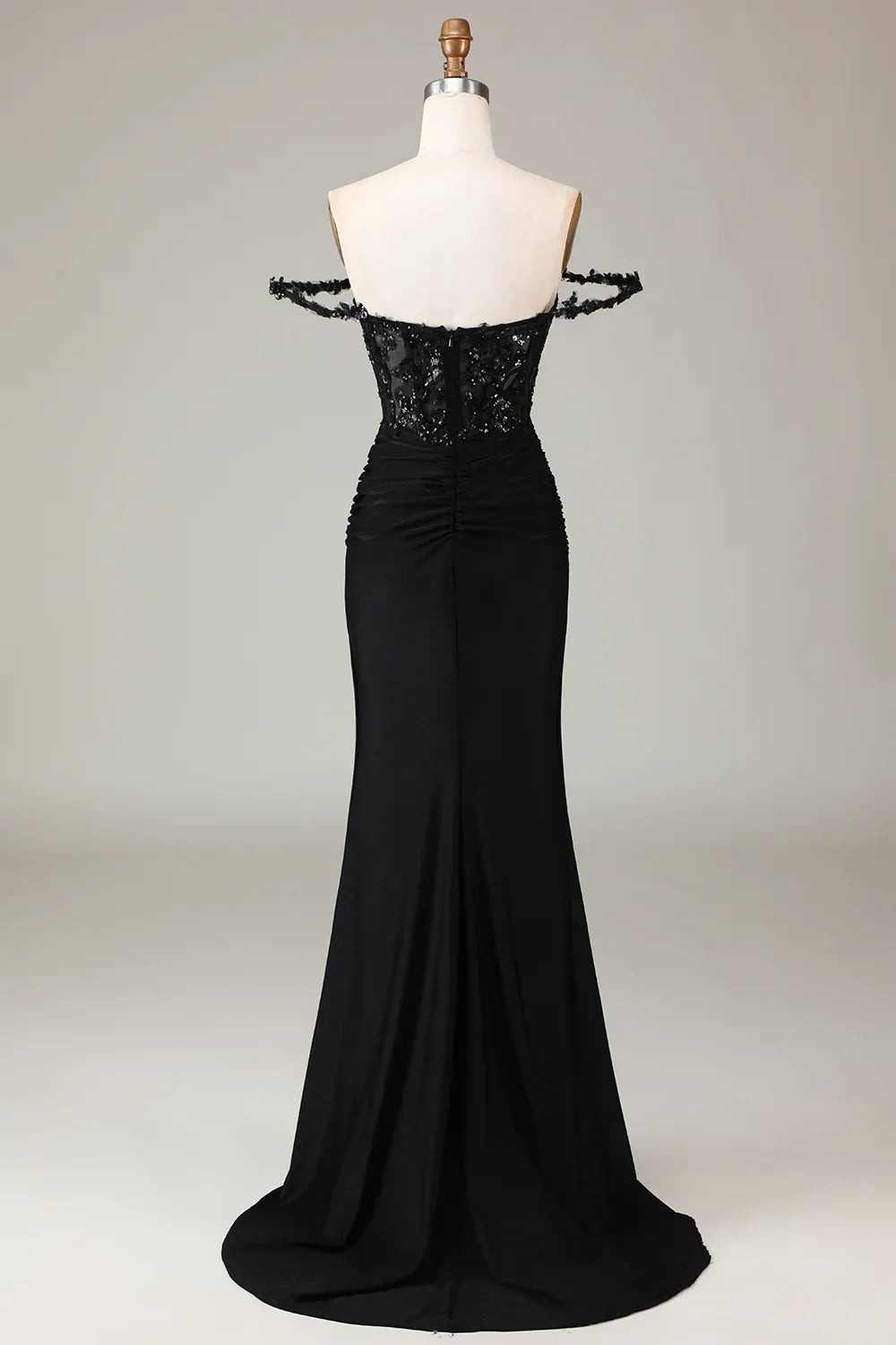 Mermaid Off-Shoulder Corset Pleated Sequins Applique Black Maxi Prom Dress