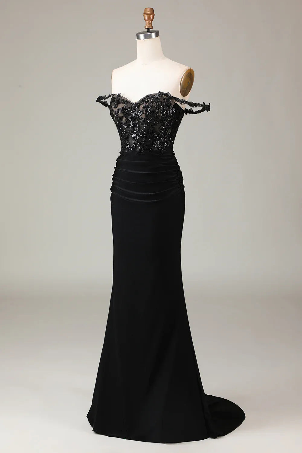 Mermaid Off-Shoulder Corset Pleated Sequins Applique Black Maxi Prom Dress