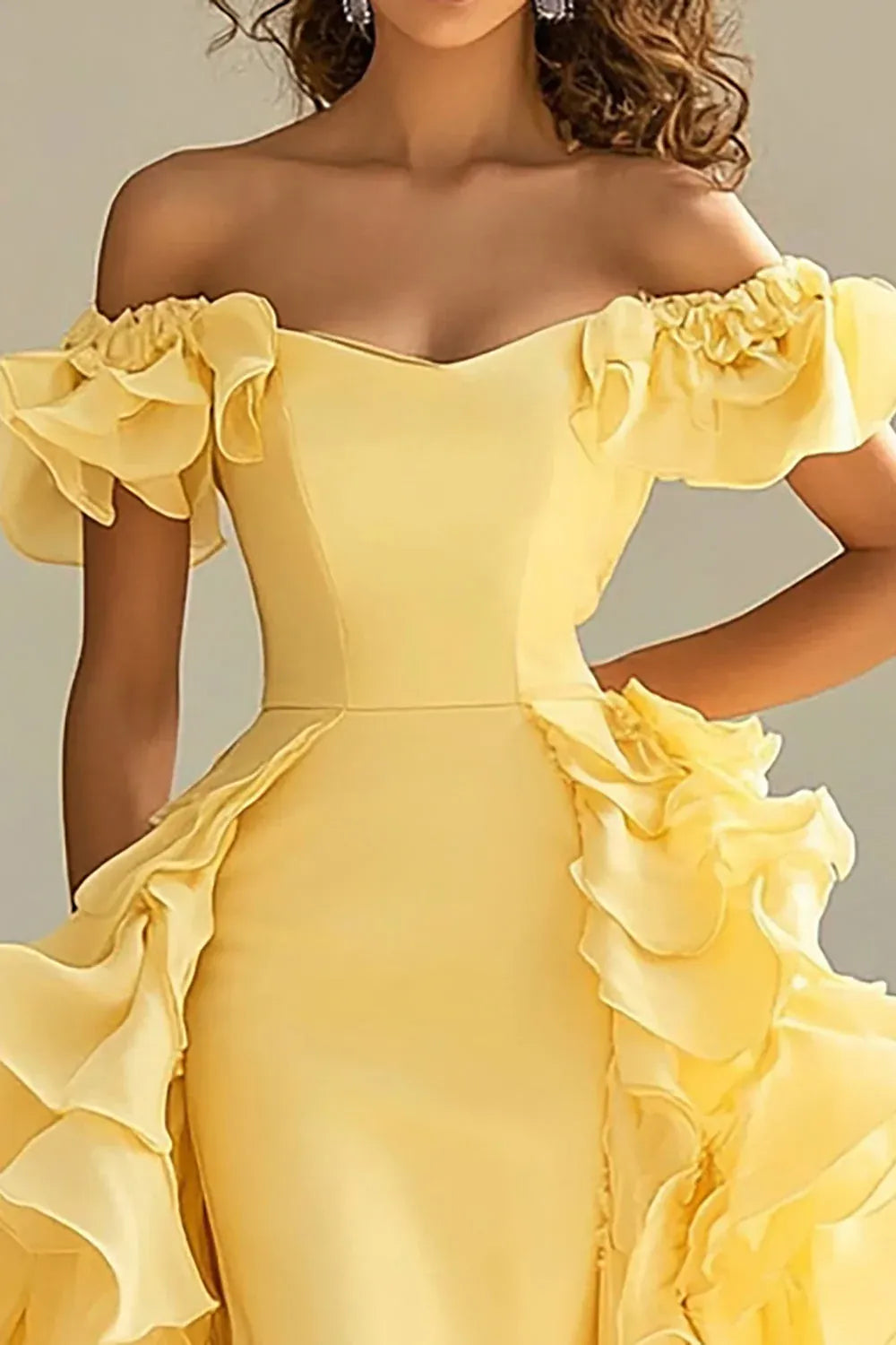 Mermaid Off-Shoulder Ruffle Yellow Prom Dress With Sweep Train
