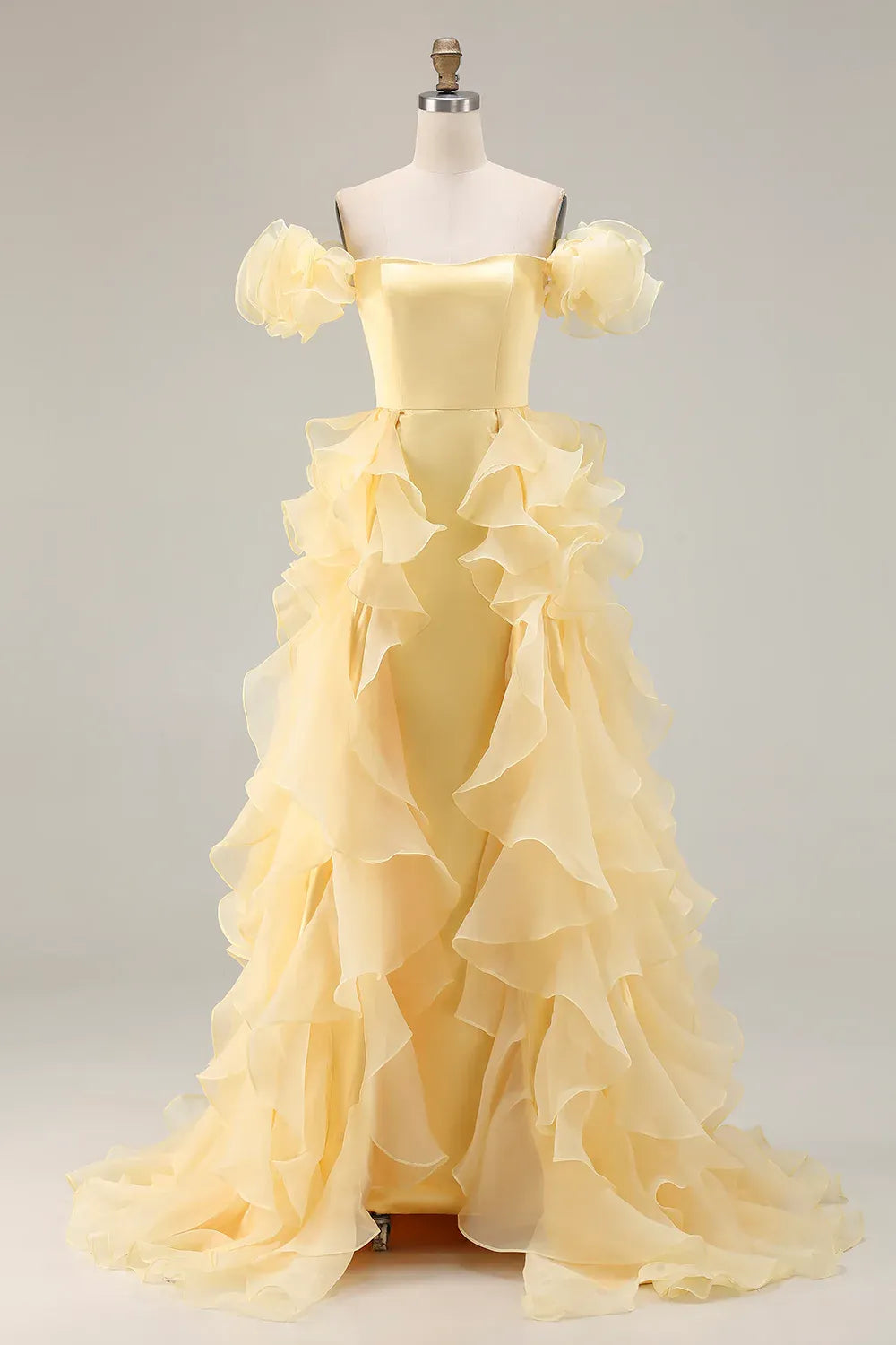 Mermaid Off-Shoulder Ruffle Yellow Prom Dress With Sweep Train