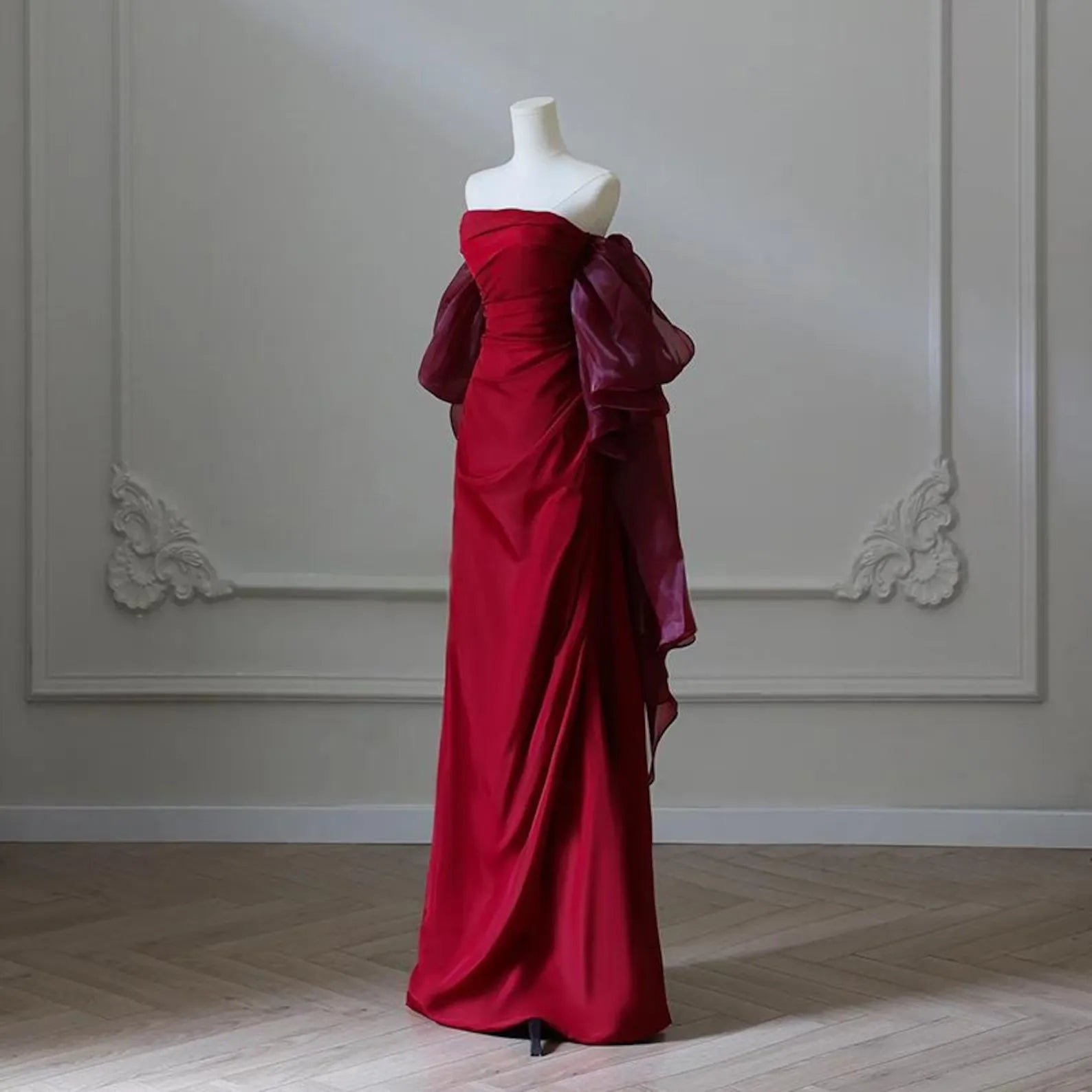 Mermaid Off-The-Shoulder Lace Up Back Organza Satin Burgundy Maxi Prom Dress