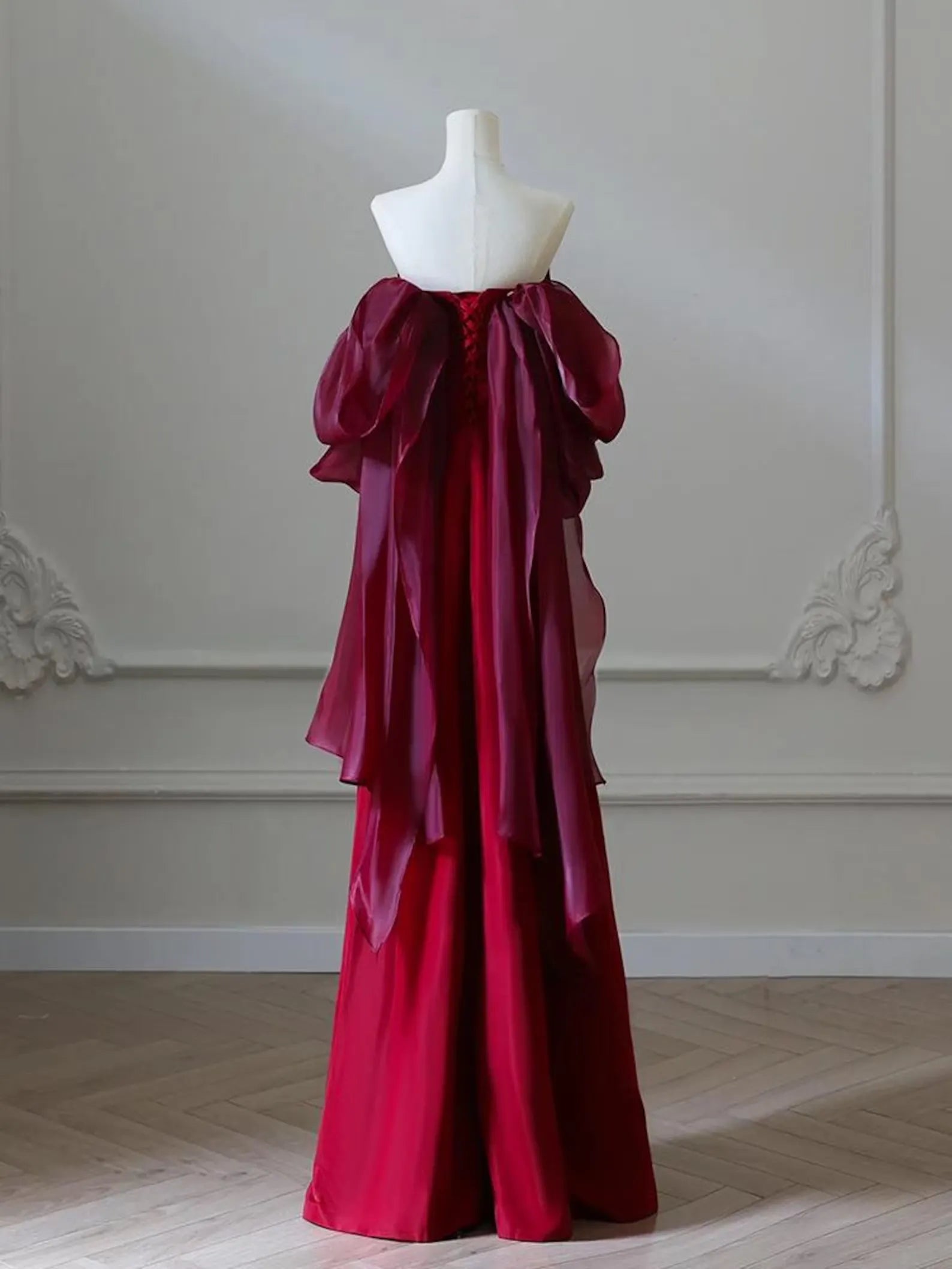 Mermaid Off-The-Shoulder Lace Up Back Organza Satin Burgundy Maxi Prom Dress