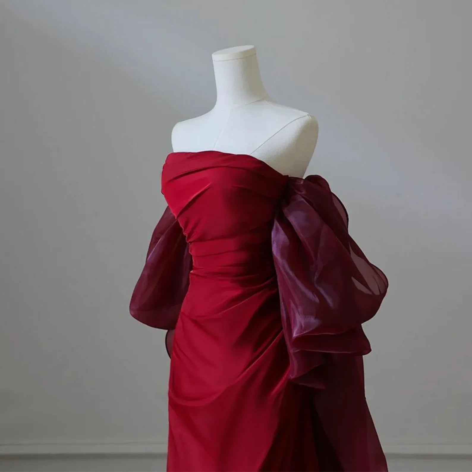 Mermaid Off-The-Shoulder Lace Up Back Organza Satin Burgundy Maxi Prom Dress