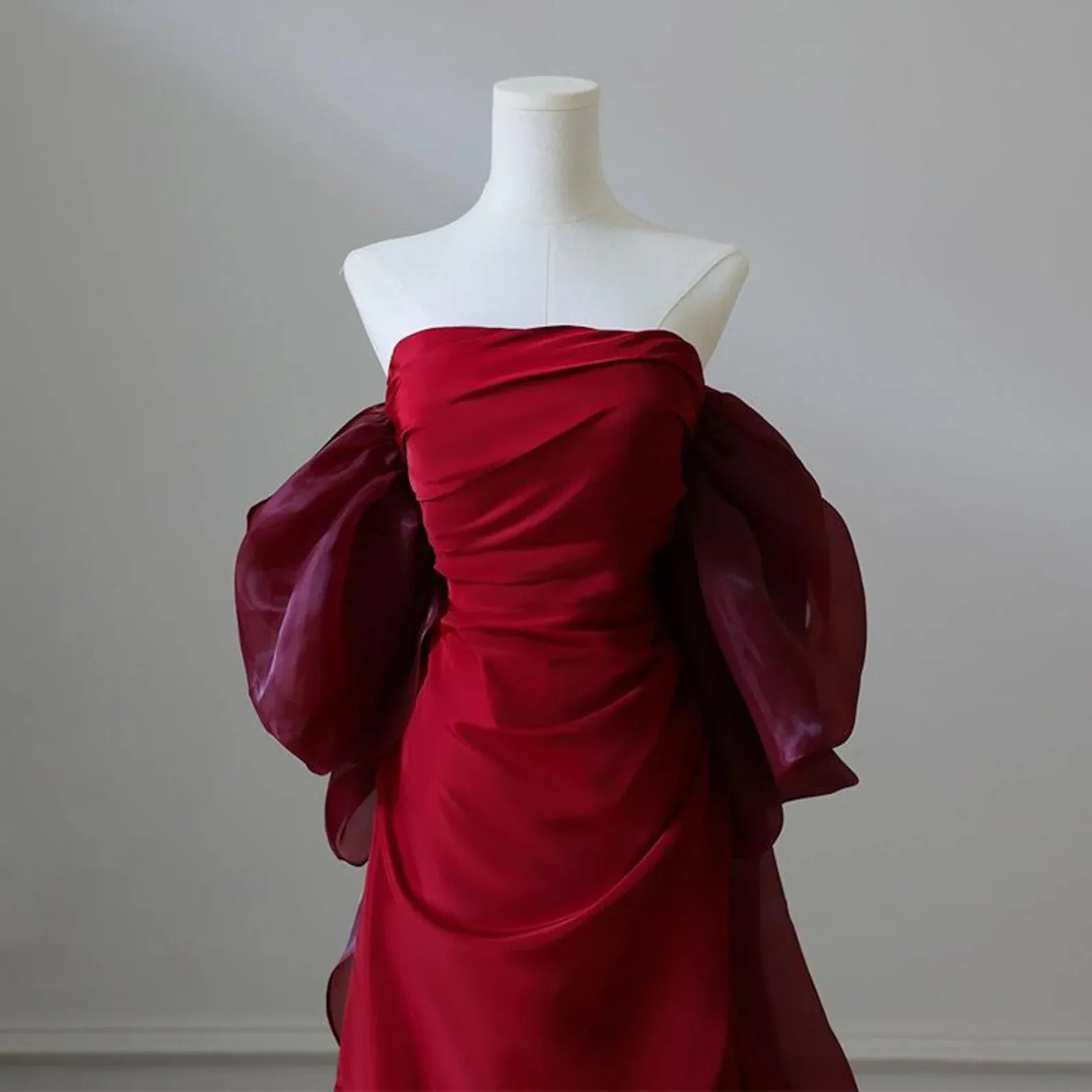 Mermaid Off-The-Shoulder Lace Up Back Organza Satin Burgundy Maxi Prom Dress