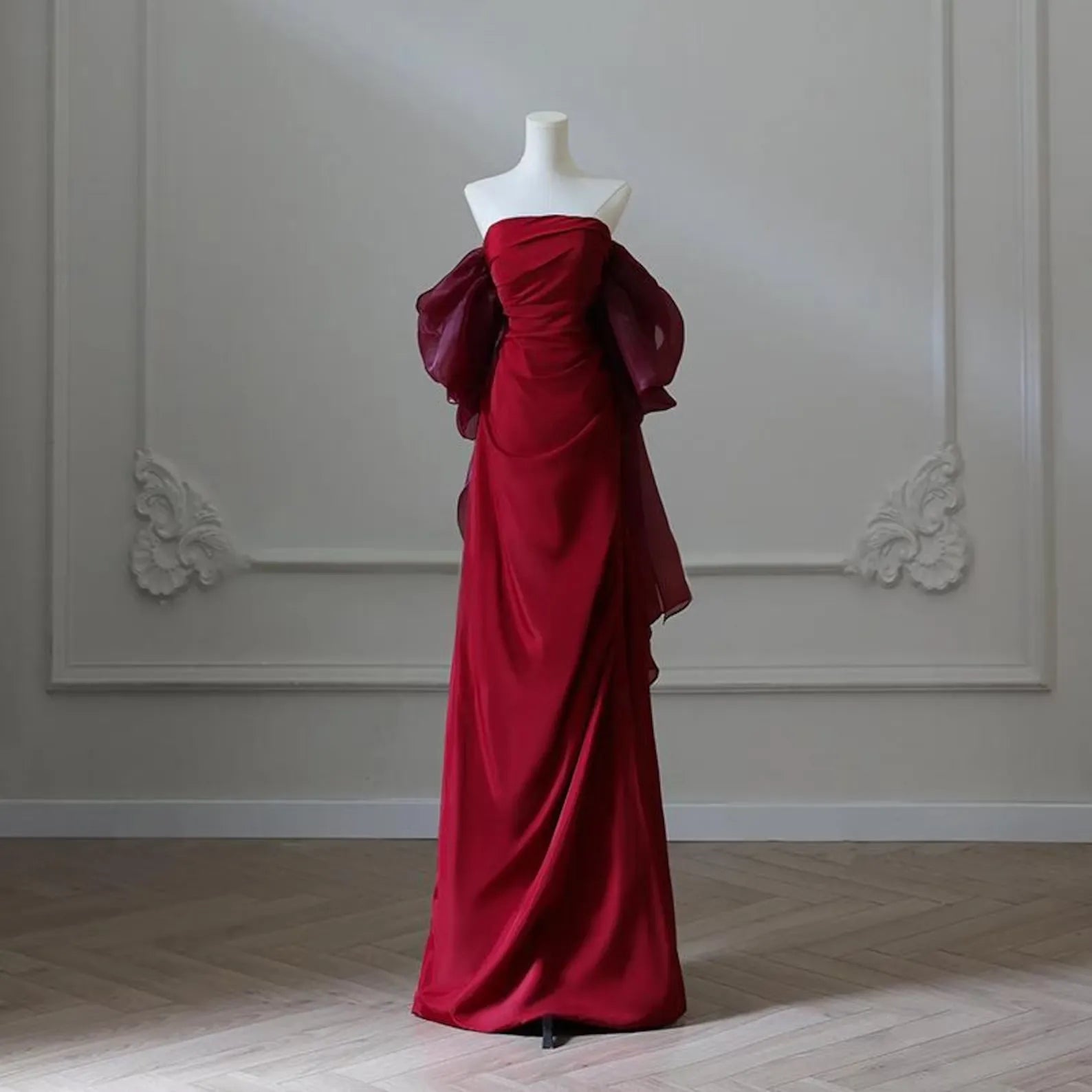 Mermaid Off-The-Shoulder Lace Up Back Organza Satin Burgundy Maxi Prom Dress