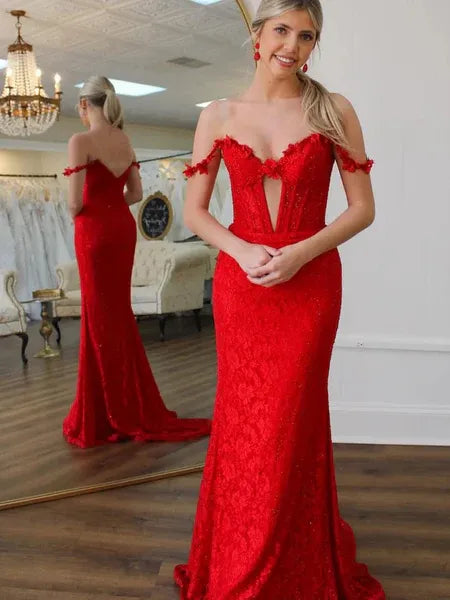 Mermaid Off-the-Shoulder Corset Floral Lace Cutout Red Train Prom Dress
