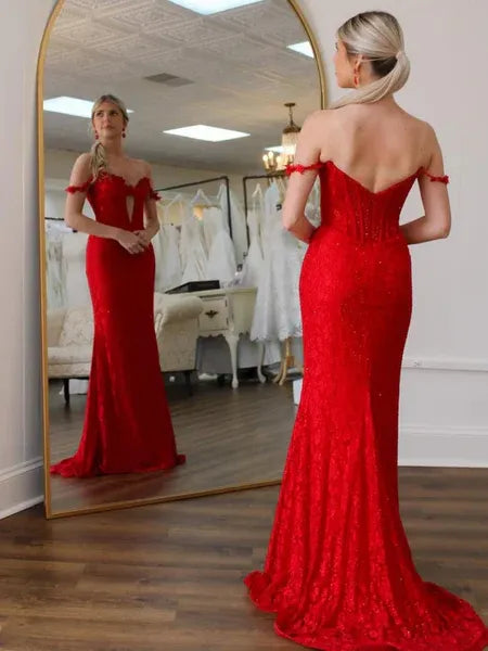 Mermaid Off-the-Shoulder Corset Floral Lace Cutout Red Train Prom Dress