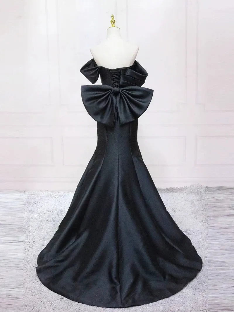 Mermaid Off Shoulder Satin Black Long Prom Dress  Black Long Formal Dress