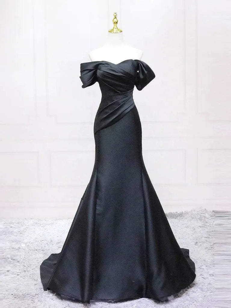 Mermaid Off Shoulder Satin Black Long Prom Dress  Black Long Formal Dress