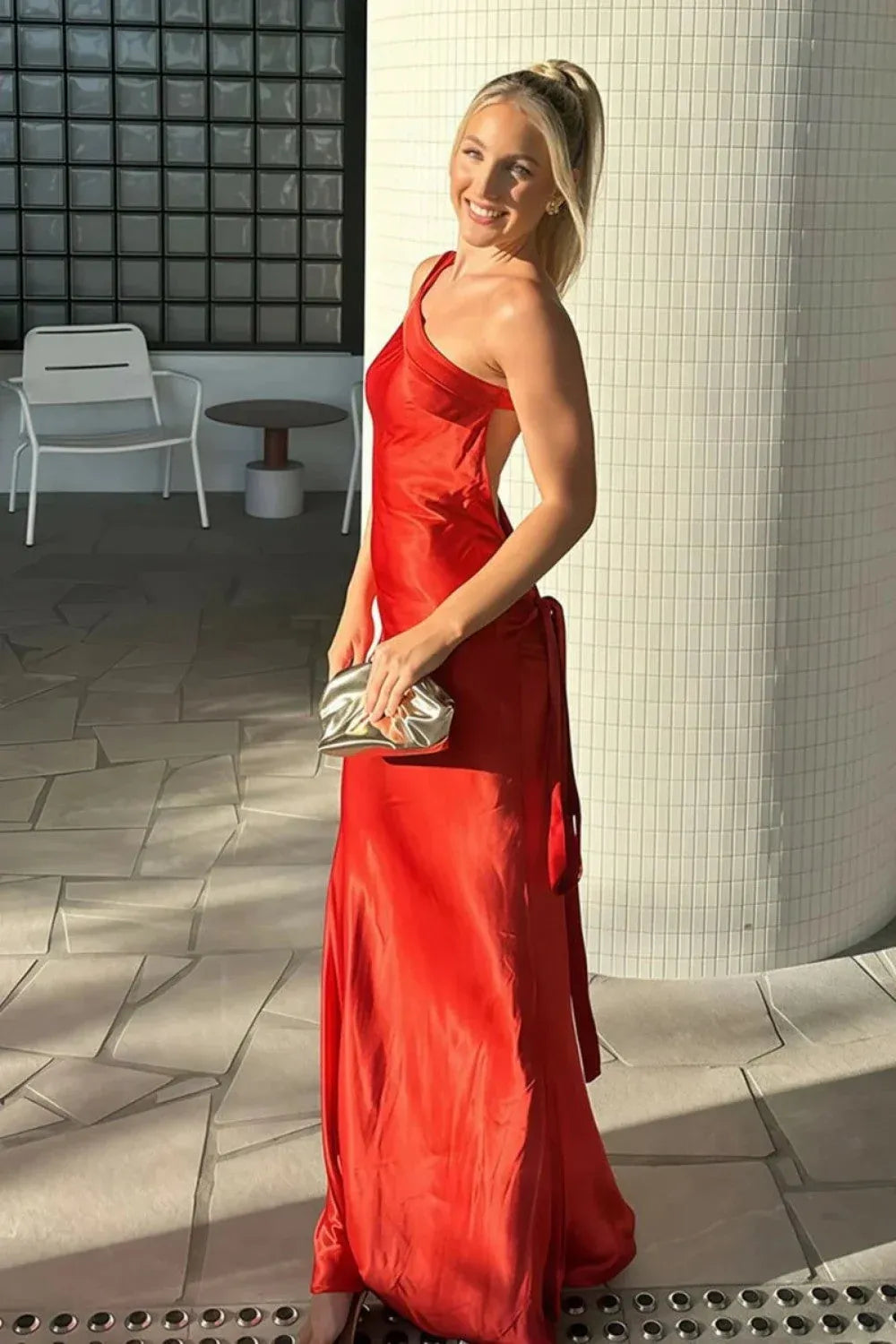 Mermaid One-Shoulder Open Back Satin Red Floor Length Prom Dress