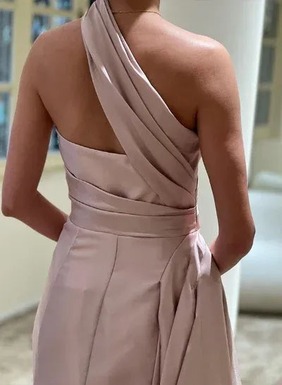 Mermaid One-Shoulder Ruched Satin Blush Floor Length Prom Dress For Women