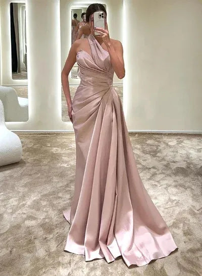 Mermaid One-Shoulder Ruched Satin Blush Floor Length Prom Dress For Women