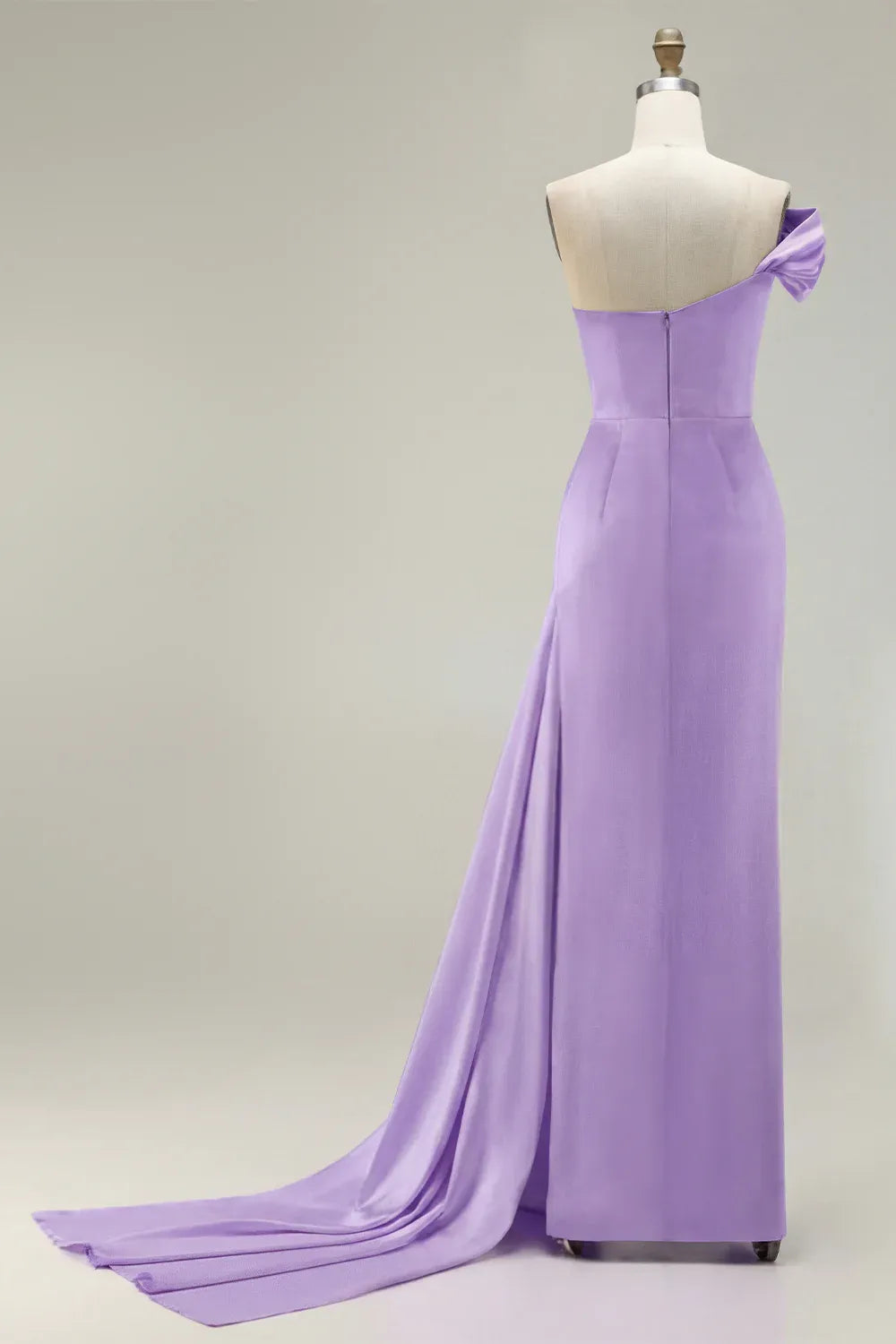 Mermaid One-Shoulder Ruched Satin Lavender Long Prom Dress With Streamer