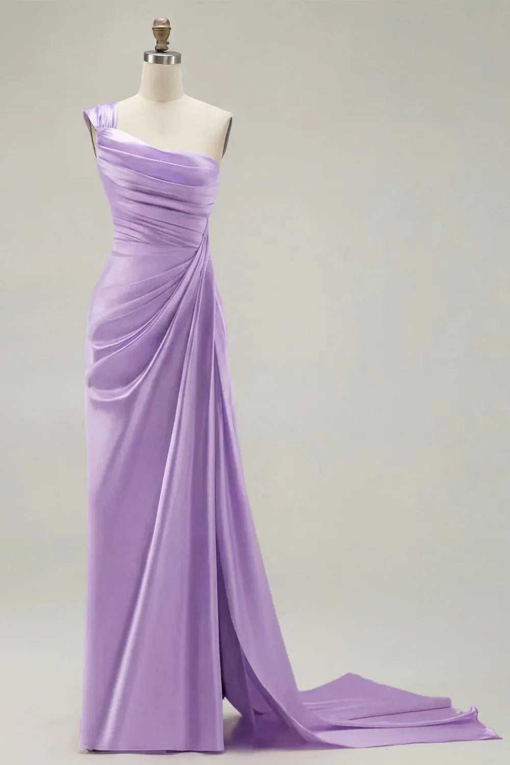 Mermaid One-Shoulder Ruched Satin Lavender Long Prom Dress With Streamer