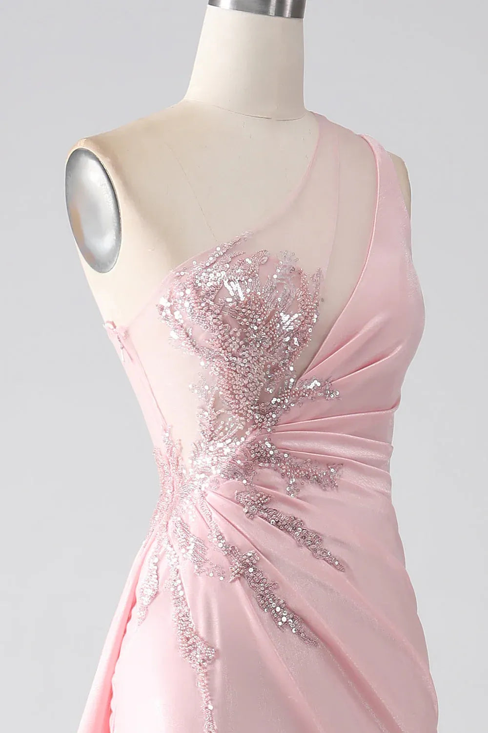 Mermaid One-Shoulder Ruched Sequins Beaded Pink Maxi Prom Dress With Streamer