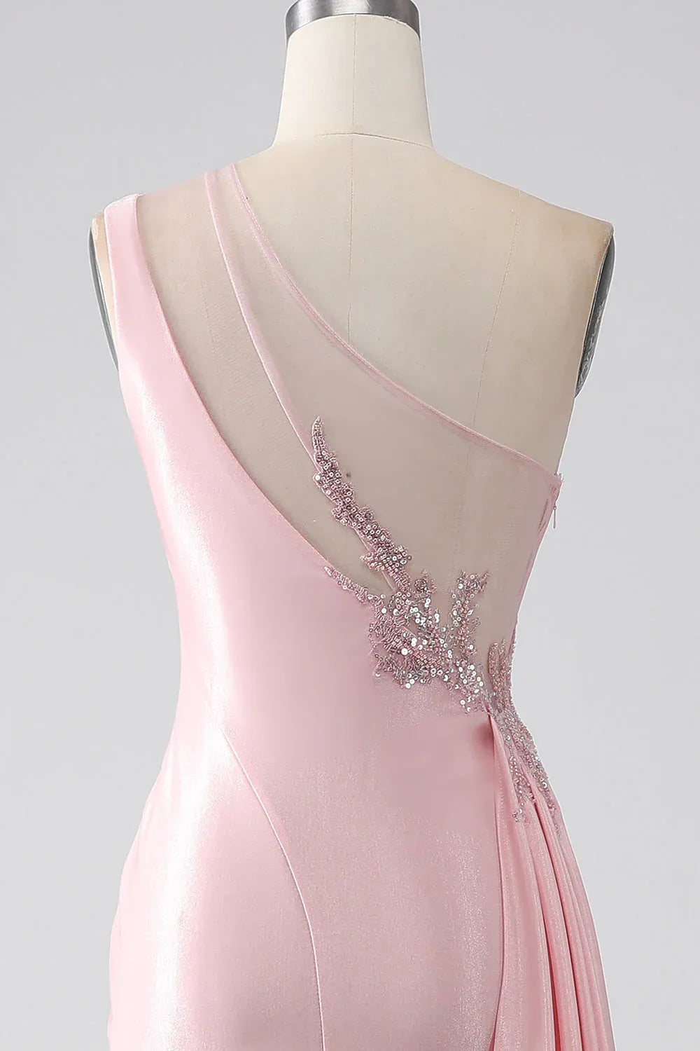 Mermaid One-Shoulder Ruched Sequins Beaded Pink Maxi Prom Dress With Streamer