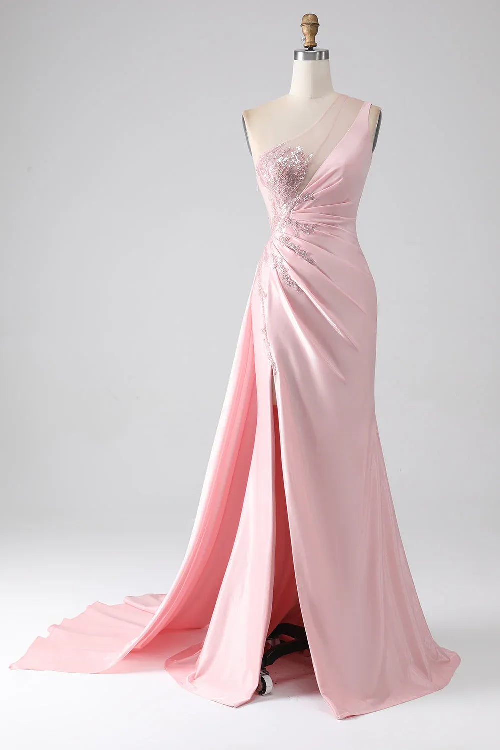 Mermaid One-Shoulder Ruched Sequins Beaded Pink Maxi Prom Dress With Streamer