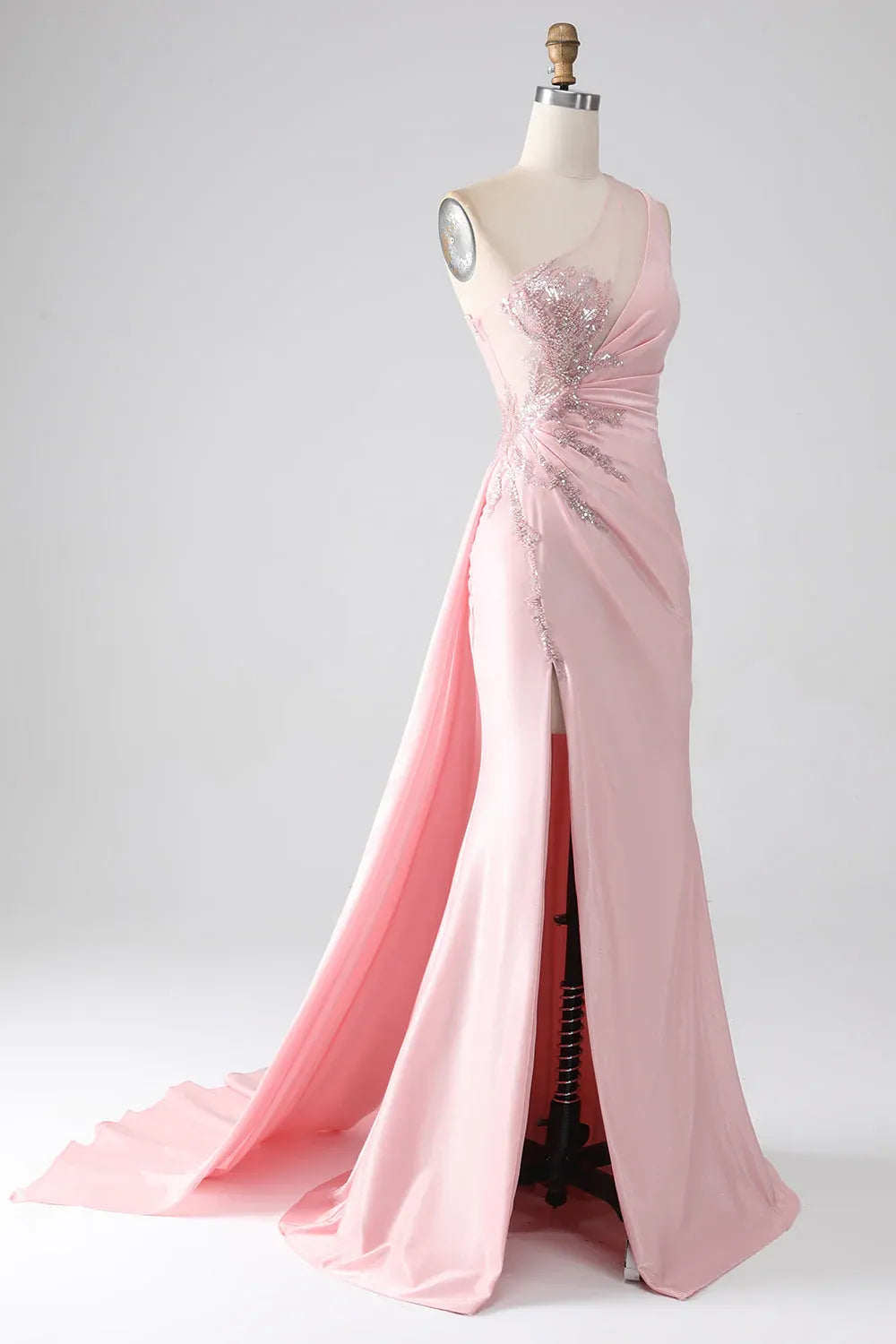 Mermaid One-Shoulder Ruched Sequins Beaded Pink Maxi Prom Dress With Streamer